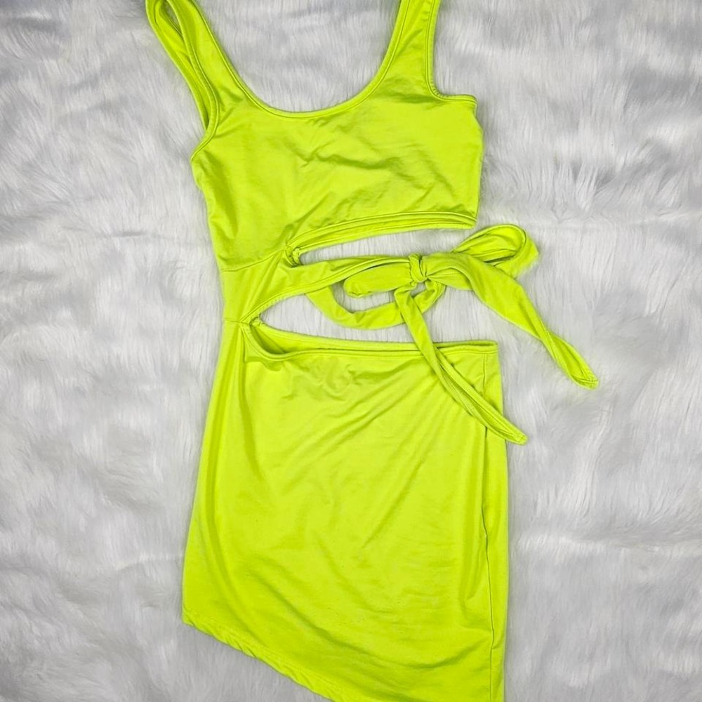 Neon‎ yellow Cutout Tie Mini Dress Bodycon Sleeveless Party Clubwear